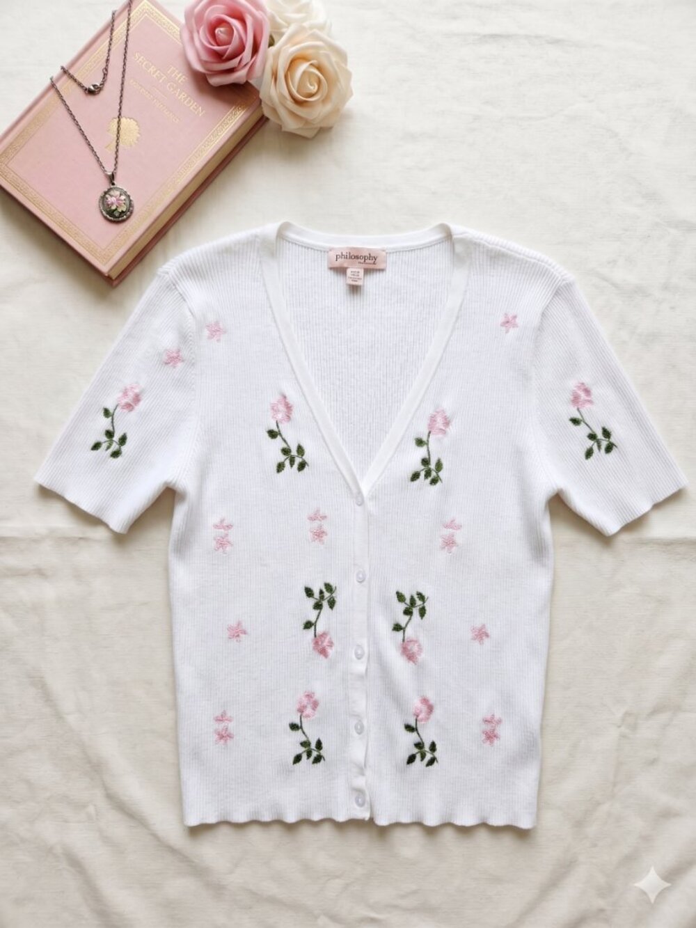 Philosophy White Ribbed Button Cardigan with Pink Floral Embroidery